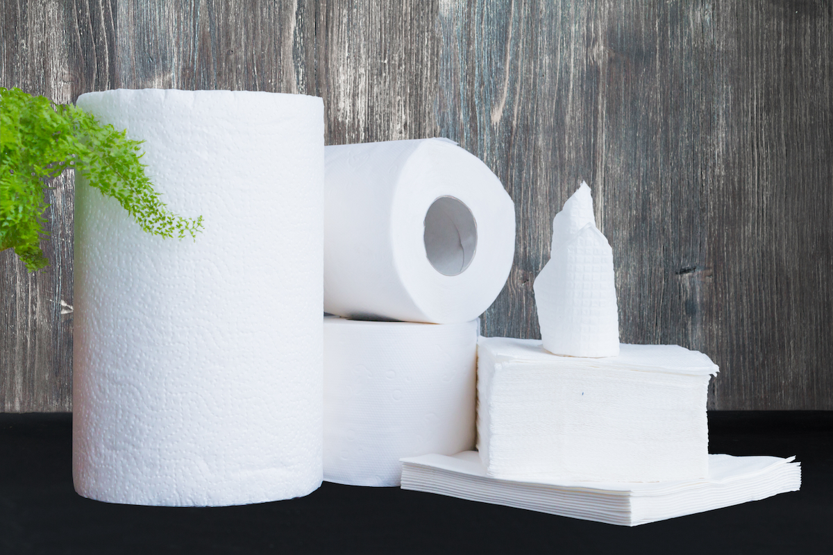 Different types of paper products, paper towels, tissues and toilet paper